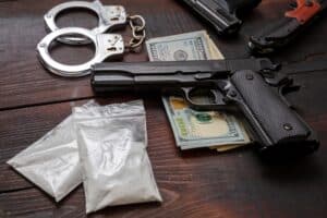 CocainePlasticPacketsPistolUsDollarsBanknotesAndHandcuffsDrugs
