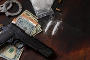 DrugsSmugglingAndTraffickingHandcuffsPistolMoneyAndCocainePackets