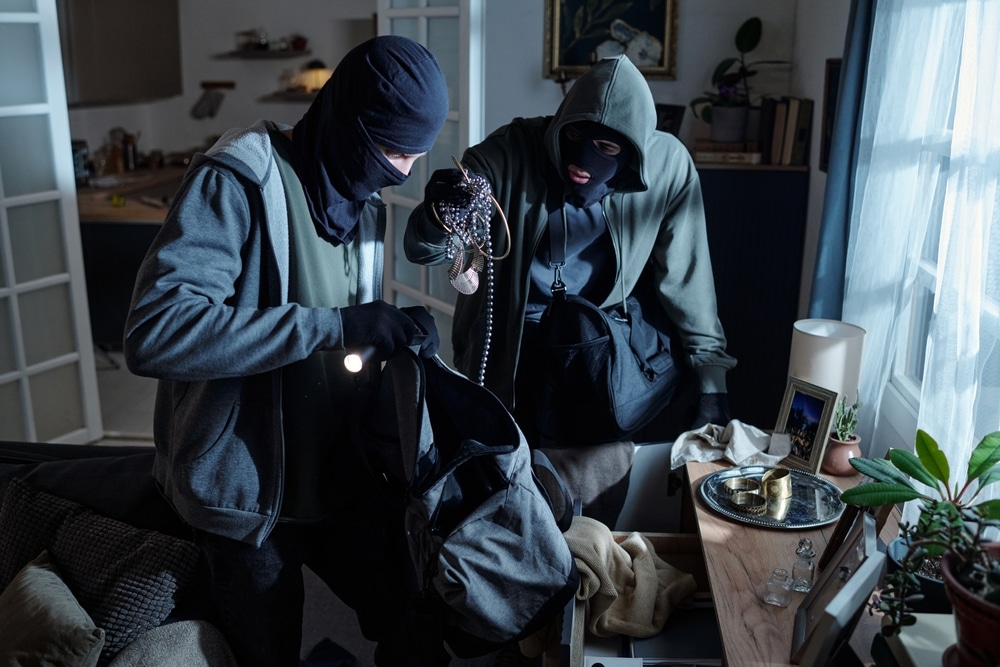 TwoMenWearingMasksAndGlovesSearchingThroughBagsAnd TwoMenWearingMasksAndGlovesSearchingThroughBagsAnd