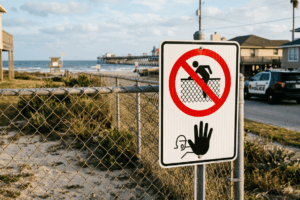 No trespassing sign on a chain-link fence at the beach, prohibiting climbing the fence with a red circle and diagonal line near a police car and houses in the background]