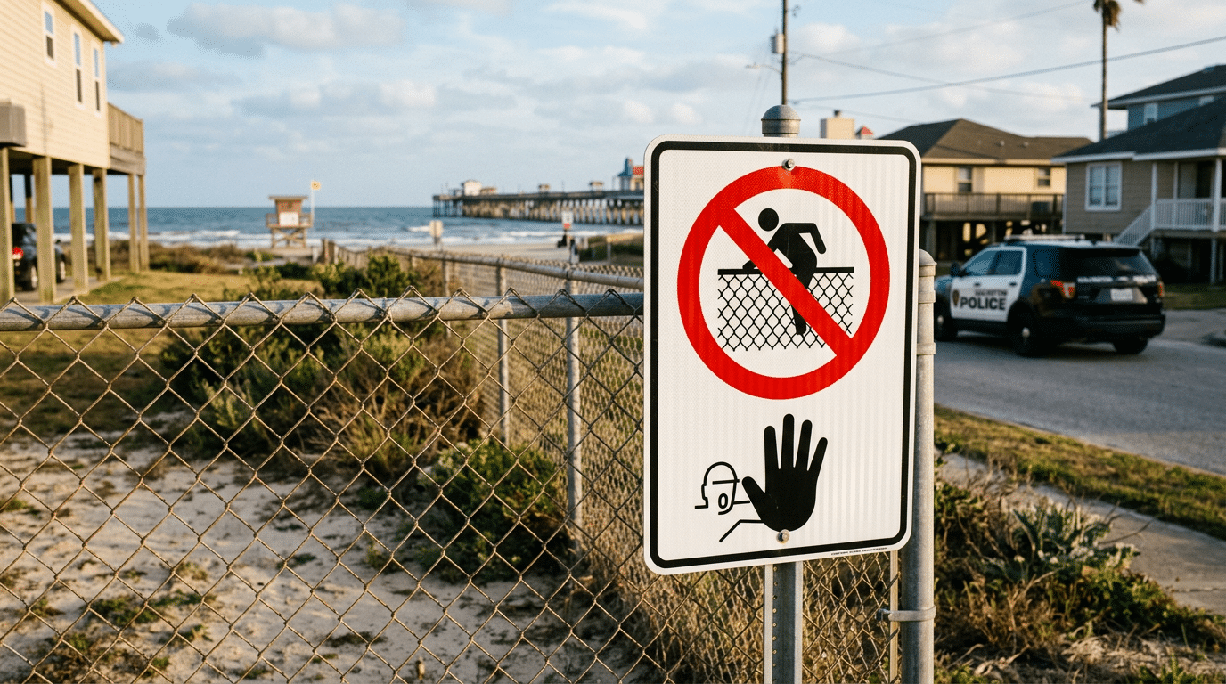 No trespassing sign on a chain-link fence at the beach, prohibiting climbing the fence with a red circle and diagonal line near a police car and houses in the background]