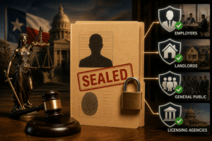 Sealed file with fingerprint and padlock, scales of justice and gavel nearby, with shields for employers, landlords, public, and licensing agencies on the right.
