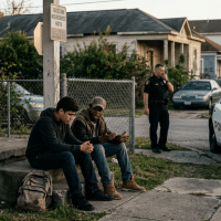 Two men sit on a sidewalk curb talking, a backpack at their feet, as a police car and officer watch from a residential street.