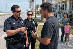 Officer points at the man
