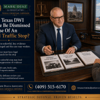 Advertisement for Mark Diaz & Associates about DWI charges, showing a lawyer at a desk with traffic-stop documents on the right and bold headline on the left panel.