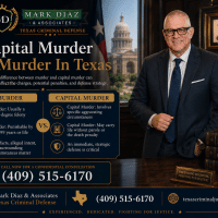 Promotional poster for Mark Diaz & Associates: a suited lawyer beside a desk with Texas law books, promoting 