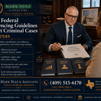 Promotional banner for Mark Diaz & Associates showing a lawyer at a desk with federal sentencing guidelines booklet and client in a law office setting in Texas criminal defense.
