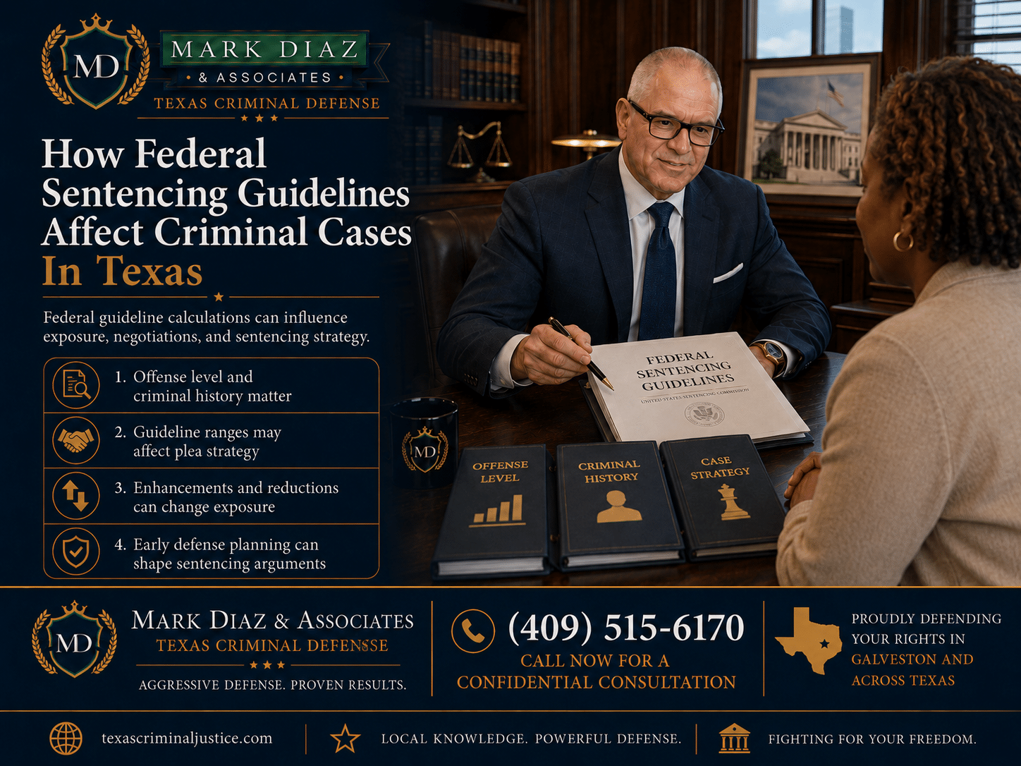 Promotional banner for Mark Diaz & Associates showing a lawyer at a desk with federal sentencing guidelines booklet and client in a law office setting in Texas criminal defense.