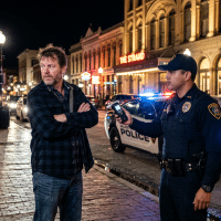 Nighttime street scene: a police officer speaks with a man on a cobblestone sidewalk beside a marked patrol car with flashing lights, storefronts lit up behind them.