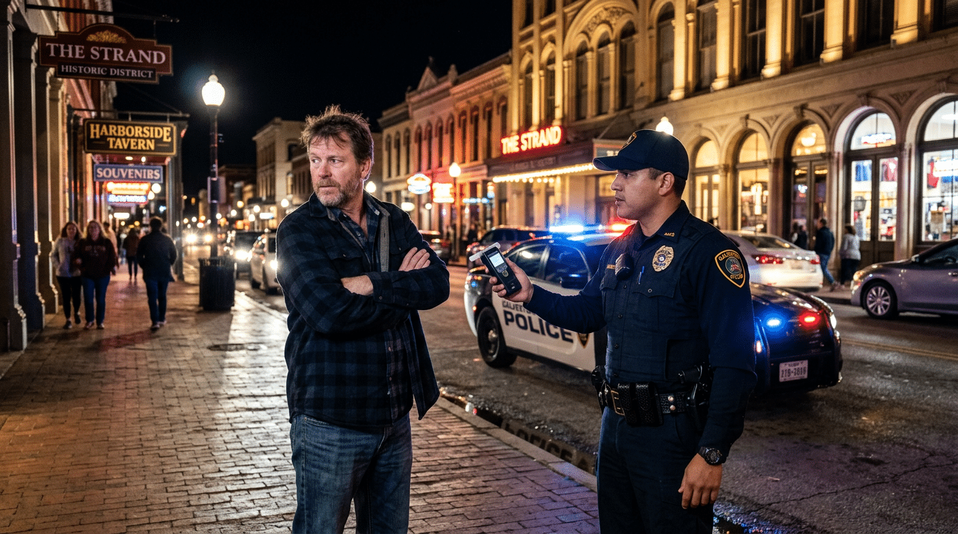 Nighttime street scene: a police officer speaks with a man on a cobblestone sidewalk beside a marked patrol car with flashing lights, storefronts lit up behind them.