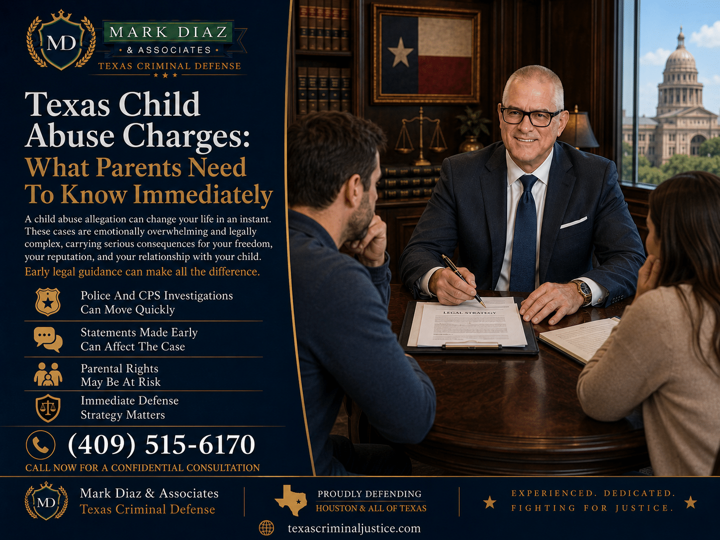 Texas Child Abuse Charges Advertisement banner for Mark Diaz & Associates law firm: