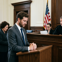 Man in a gray suit testifies at a wooden podium in a United States district court, with the judge and flags behind him.