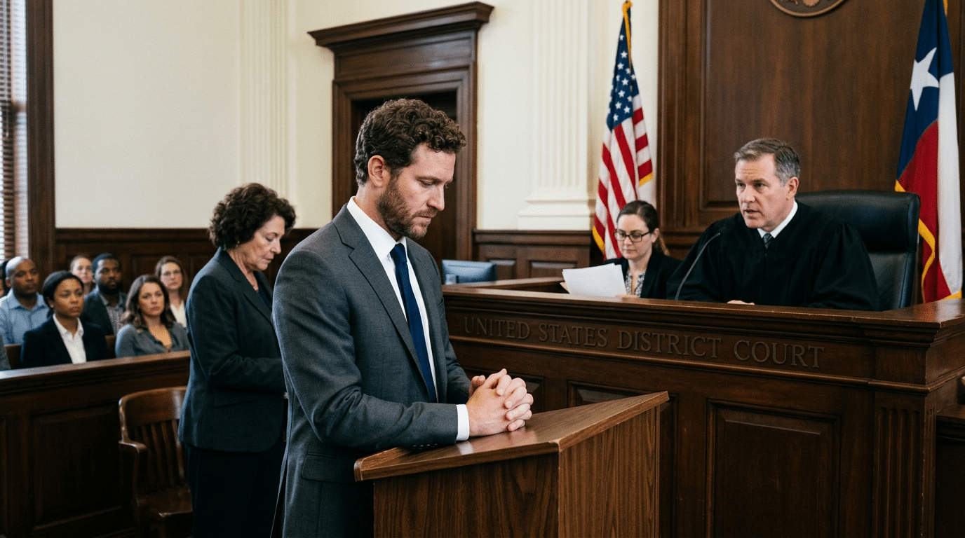 How Federal Sentencing Guidelines Affect Criminal Cases In Texas Man in a gray suit testifies at a wooden podium in a United States district court, with the judge and flags behind him.