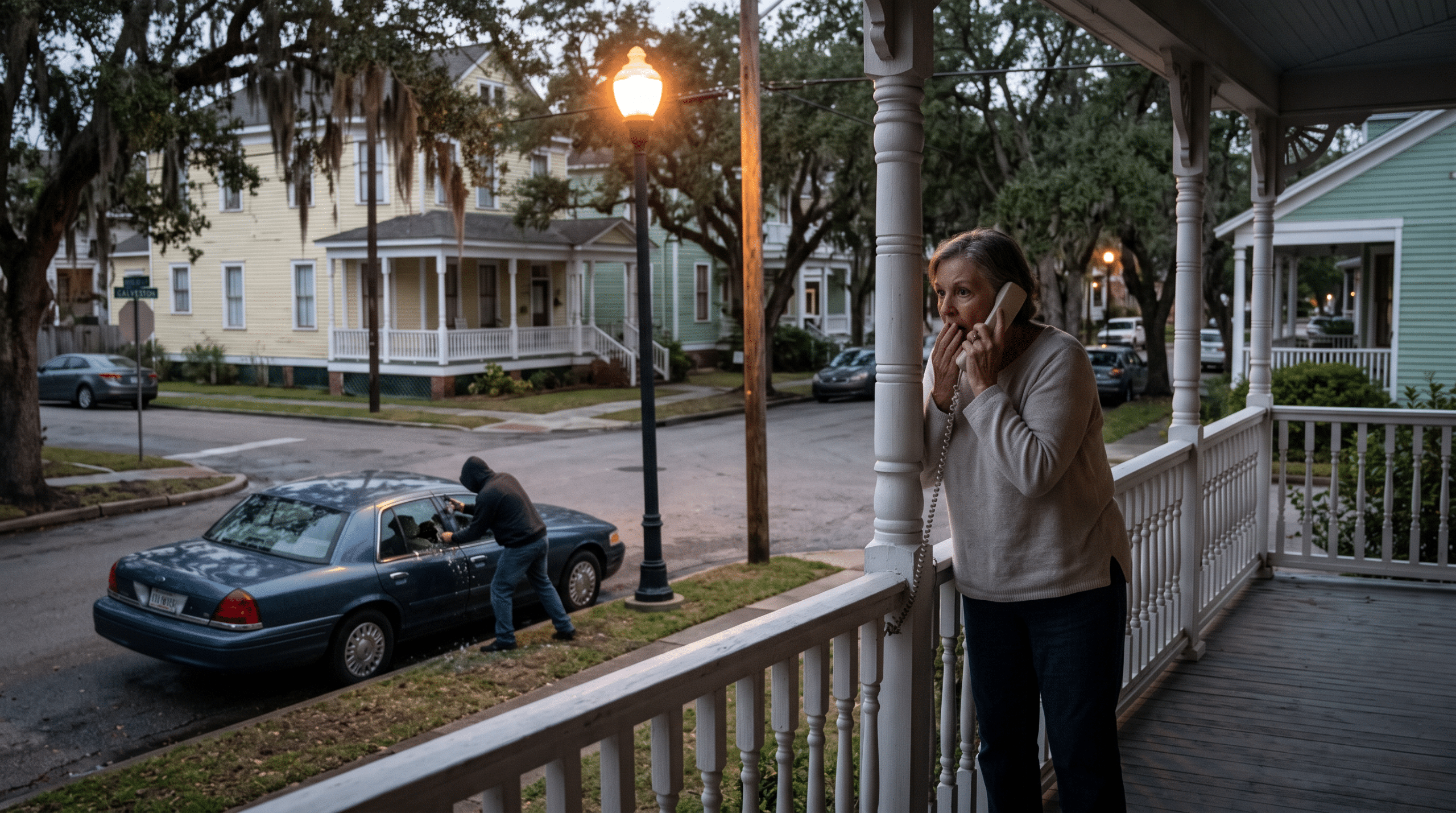How Reliable Is Eyewitness Identification In A Criminal Trial Woman on a porch speaking on a corded phone while a man works near a blue car on a residential street in a quiet neighborhood.