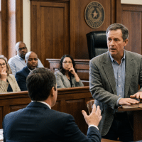 Male attorney speaks at a wooden courtroom podium as a group of people listen intently in the audience.