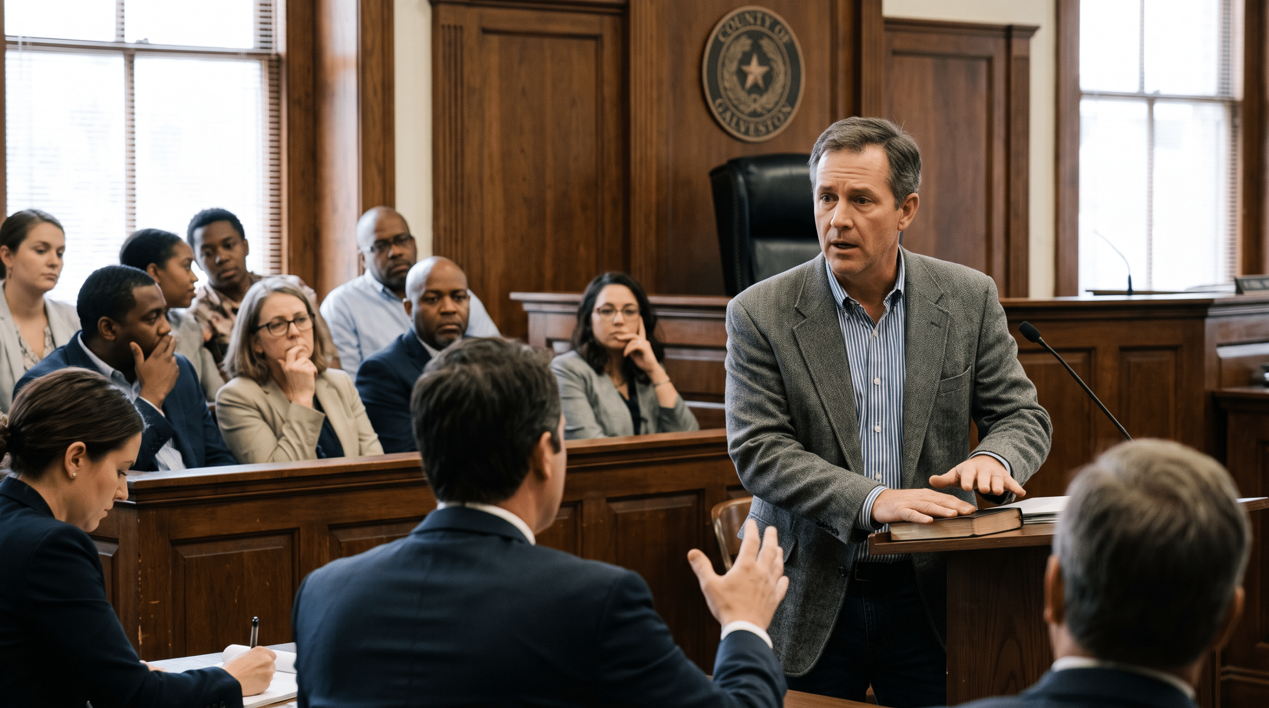 How Witness Credibility Can Affect A Galveston Criminal Case Male attorney speaks at a wooden courtroom podium as a group of people listen intently in the audience.