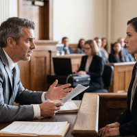 Male attorney in a gray suit talks to a female client across a wooden table in a courtroom, judge visible in the background when presiding over the case.