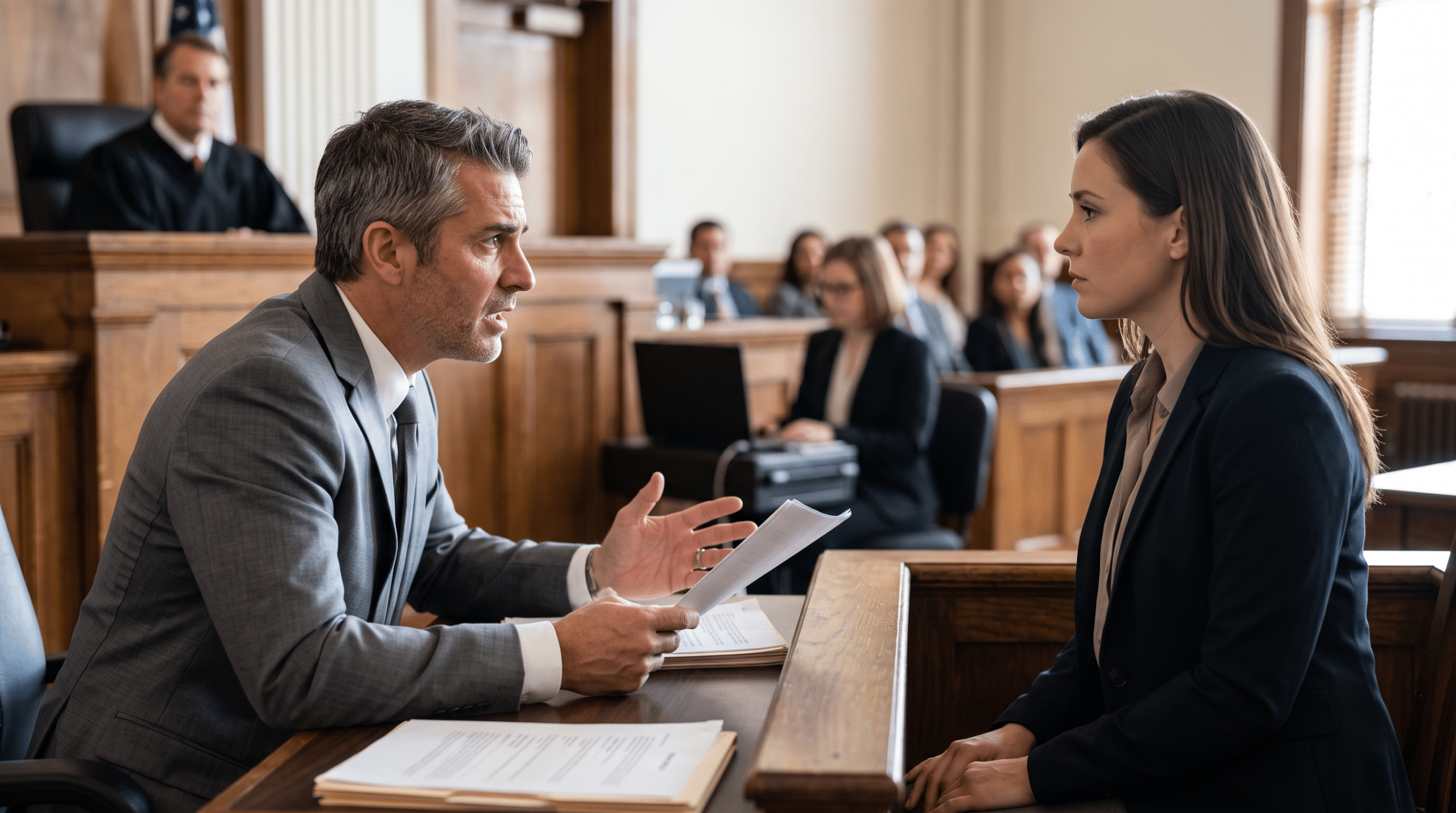 How Witness Statements Can Make Or Break A Criminal Defense Case Male attorney in a gray suit talks to a female client across a wooden table in a courtroom, judge visible in the background when presiding over the case.