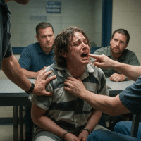 Man in a striped jail uniform screams while several officers restrain him at a table in a detention room.