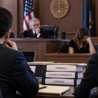 Courtroom scene: a judge sits at the bench with a contemplative expression, flanked by flags, while attorneys face the bench from the foreground and a stack of labeled case files sits on the desk in front of them.