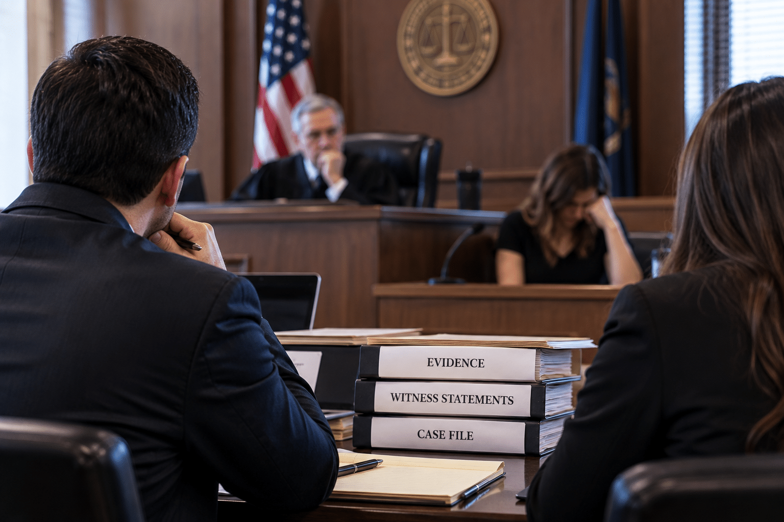 Courtroom scene: a judge sits at the bench with a contemplative expression, flanked by flags, while attorneys face the bench from the foreground and a stack of labeled case files sits on the desk in front of them.