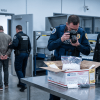 Two federal agents in a secure postal facility examine an open evidence box on a stainless table, one photographing its contents while another watches.