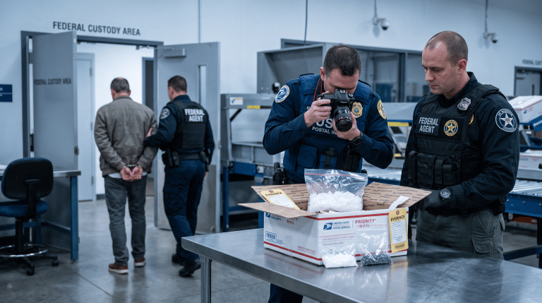Two federal agents in a secure postal facility examine an open evidence box on a stainless table, one photographing its contents while another watches.