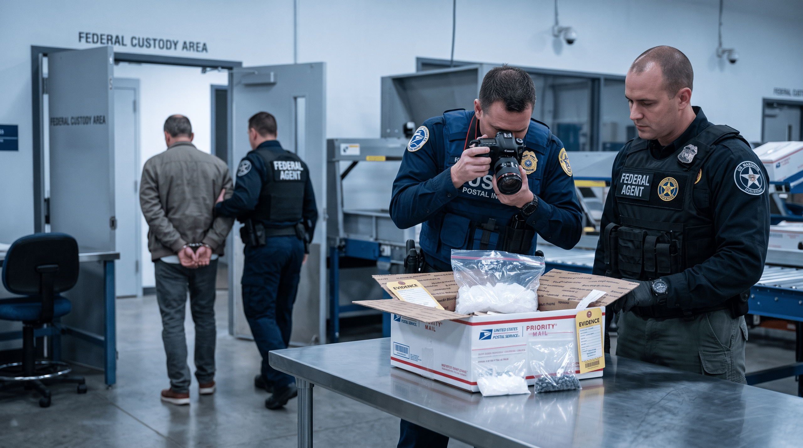 Two federal agents in a secure postal facility examine an open evidence box on a stainless table, one photographing its contents while another watches.