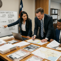 Law enforcement team analyzes evidence at a briefing: whiteboard reads 