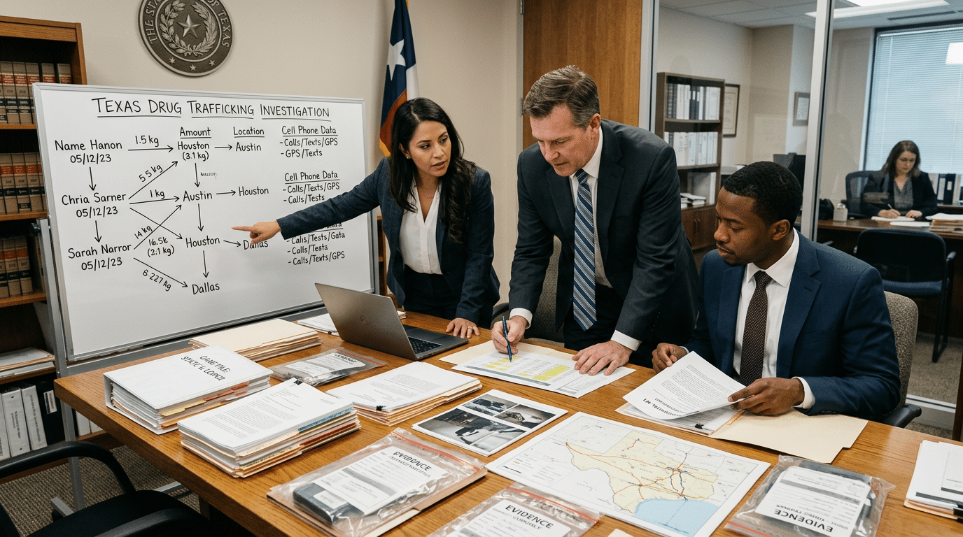 How Do Prosecutors Prove Drug Trafficking In Texas Law enforcement team analyzes evidence at a briefing: whiteboard reads