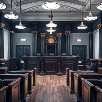 Grand courtroom interior with dark wood paneling, tall gold-accented columns, and a raised judge