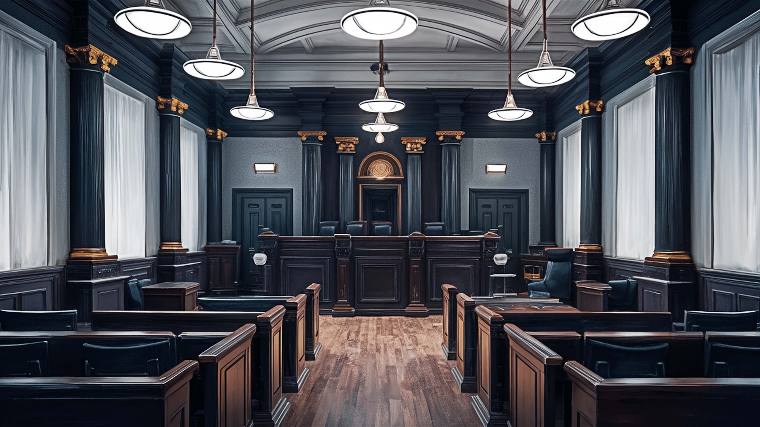 momagic-ai-generated-8749987 Grand courtroom interior with dark wood paneling, tall gold-accented columns, and a raised judge
