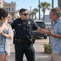 Police officer mediates a discussion between a man in a blue Hawaiian shirt and a woman in a white cover-up on a boardwalk by the sea, police car in background.