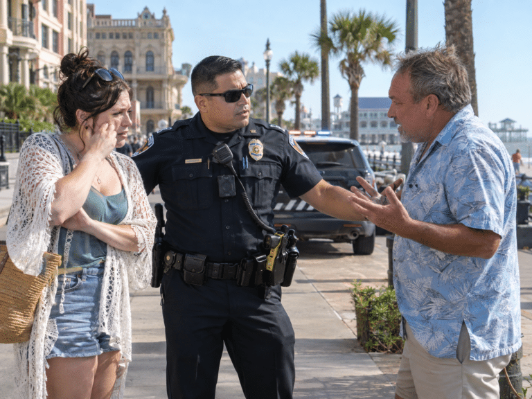 Police officer mediates a discussion between a man in a blue Hawaiian shirt and a woman in a white cover-up on a boardwalk by the sea, police car in background.