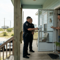Two officers in uniform speak with a man on the screened porch of a blue beach house; a police car is parked on the sandy road nearby.