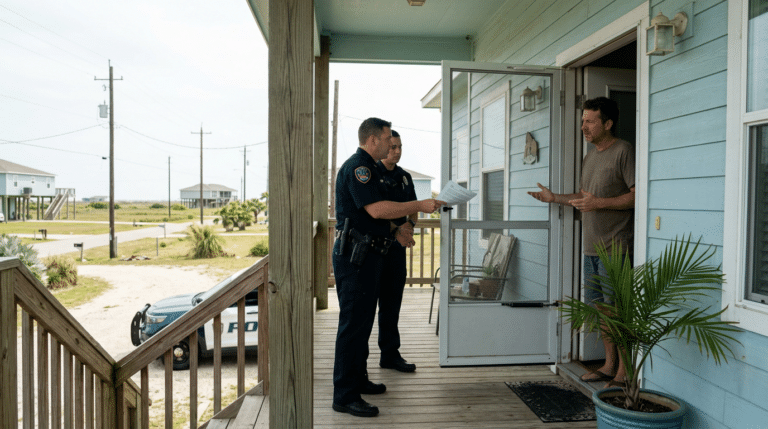 Two officers in uniform speak with a man on the screened porch of a blue beach house; a police car is parked on the sandy road nearby.