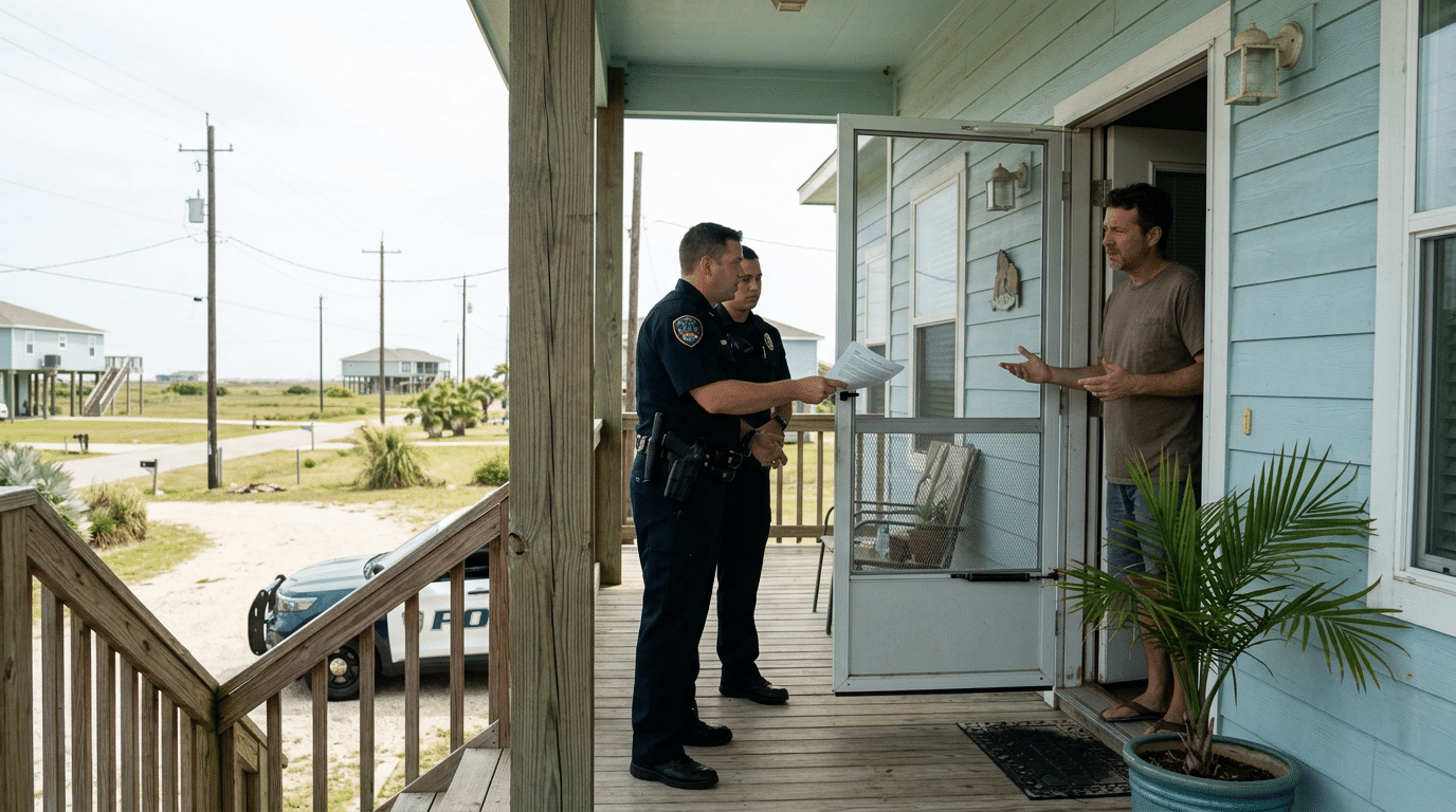 Two officers in uniform speak with a man on the screened porch of a blue beach house; a police car is parked on the sandy road nearby.